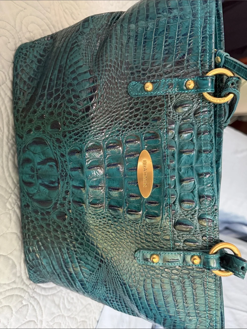 Brahmin Teal Croc-Embossed Shoulder Tote with Gold Accents